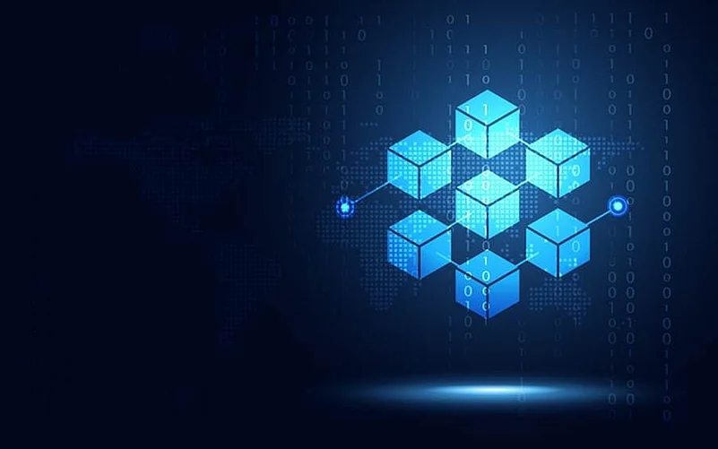 Abstract blockchain network with glowing connected cubes