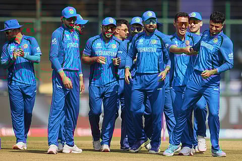 Afghanistan players celebrate the wicket of United Arab Emirates' captain Muhammad Waseem during the T20 World Cup cricket match between Afghanistan and United Arab Emirates in New Delhi.