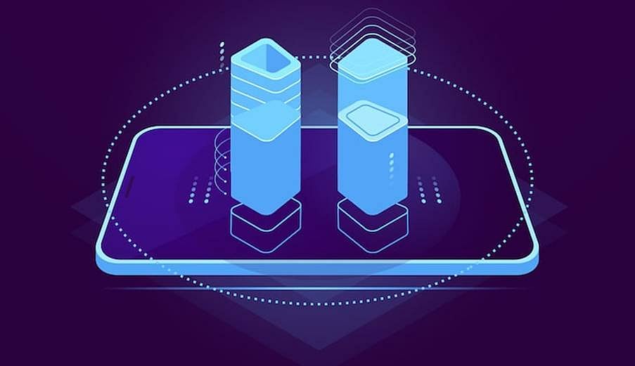 Blue neon smartphone with abstract arrows and digital interface graphics on dark background