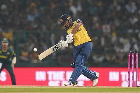 Sri Lanka's Pathum Nissanka plays a shot during the T20 World Cup cricket match between Sri Lanka and Australia in Pallekele, Sri Lanka.