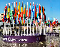 India AI Impact Summit 2026: Does Digital Public AI Infrastructure Exclude The Disadvantaged? | Photo: PTI : National flags of various countries at Bharat Mandapam during the India AI Impact Summit 2026, in New Delhi.