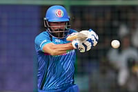 (AP Photo/Manish Swarup) : Afghanistan's Ibrahim Zardan plays a shot during the T20 World Cup cricket match between Afghanistan and United Arab Emirates in New Delhi, India, Monday, Feb. 16, 2026. 