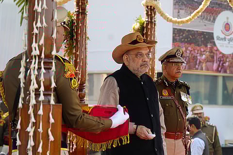 Union Home Minister Amit Shah during the 79th Raising Day Parade of the Delhi Police, in New Delhi, Monday, Feb. 16, 2026. 