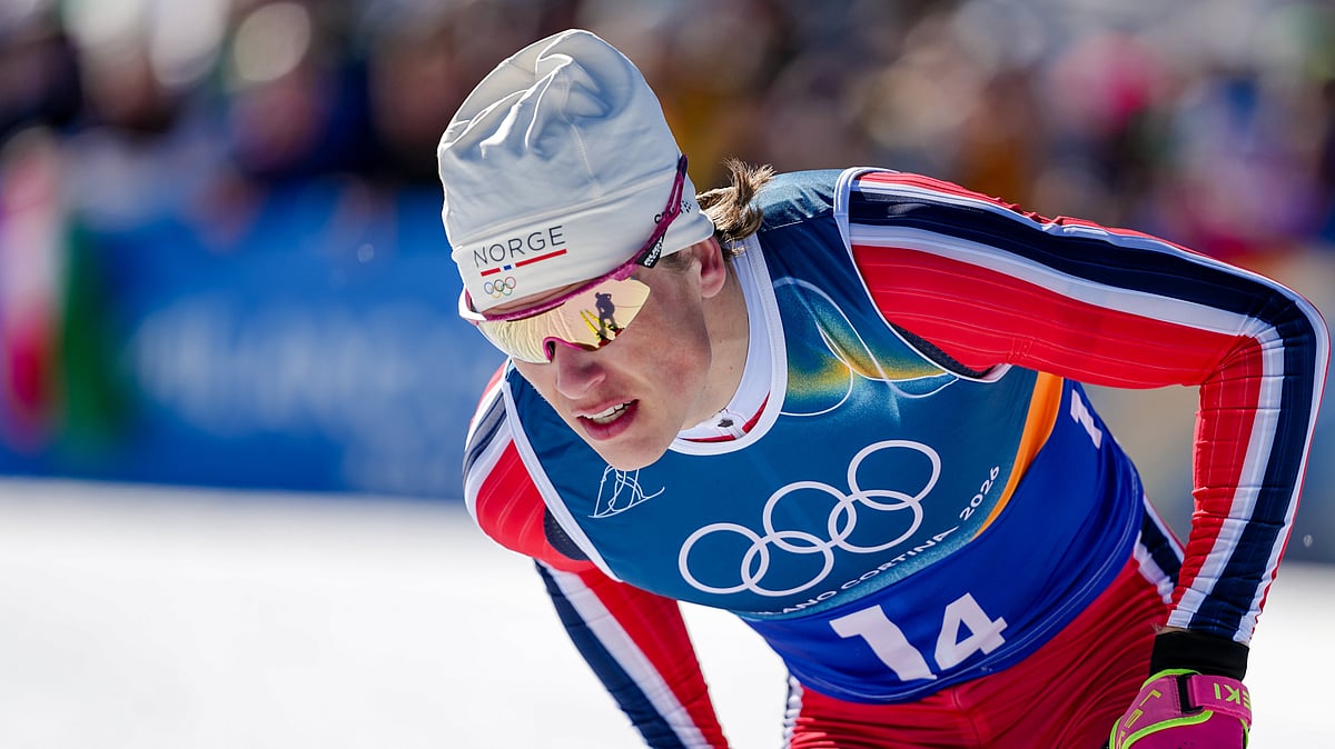 Johannes Hoesflot Klaebo, of Norway, competes in the cross country skiing men's 4 x 7.5km relay at the 2026 Winter Olympics, in Tesero, Italy, Sunday, Feb. 15, 2026.  - (AP Photo/Matthias Schrader)