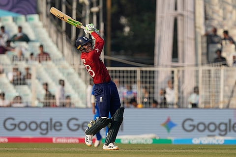 England's Tom Banton hits a six during the T20 World Cup cricket match between England and Italy in Kolkata, India.