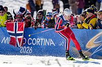 | Photo: AP/Matthias Schrader : Johannes Hoesflot Klaebo, of Norway, competes in the cross country skiing men's 4 x 7.5km relay at the 2026 Winter Olympics, in Tesero, Italy.