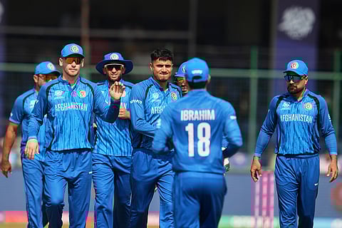 Afghanistan's Mujeeb Ur Rahman, centre, celebrates with teammates the wicket of United Arab Emirates' Alishan Sharafu during the T20 World Cup cricket match between Afghanistan and United Arab Emirates in New Delhi.