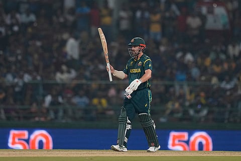 Australia's Travis Head celebrates his fifty runs during the T20 World Cup cricket match between Sri Lanka and Australia in Pallekele, Sri Lanka, Monday, Feb. 16, 2026. ()