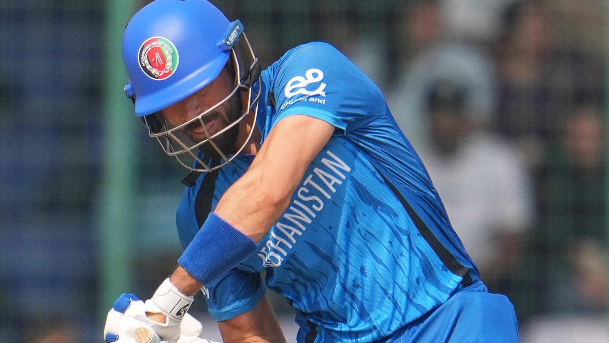 Afghanistan's Ibrahim Zardan hits a boundary during the T20 World Cup cricket match between Afghanistan and United Arab Emirates in New Delhi, India, Monday, Feb. 16, 2026.  - (AP Photo/Manish Swarup)