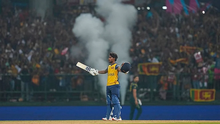 Sri Lanka's Pathum Nissanka celebrates his century during the T20 World Cup cricket match between Sri Lanka and Australia in Pallekele, Sri Lanka. - Photo: AP/Eranga Jayawardena