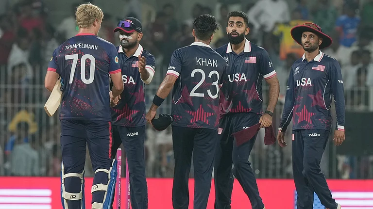 United States' players celebrates after won the T20 World Cup cricket match against Namibia in Chennai, India, Sunday, Feb. 15, 2026. - | Photo: AP/Mahesh Kumar A.