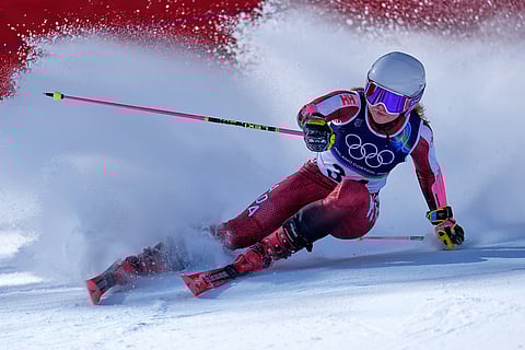 Canada's Cassidy Gray loses control before crashing during an alpine ski women's giant slalom race at the 2026 Winter Olympics in Cortina d'Ampezzo, Italy.