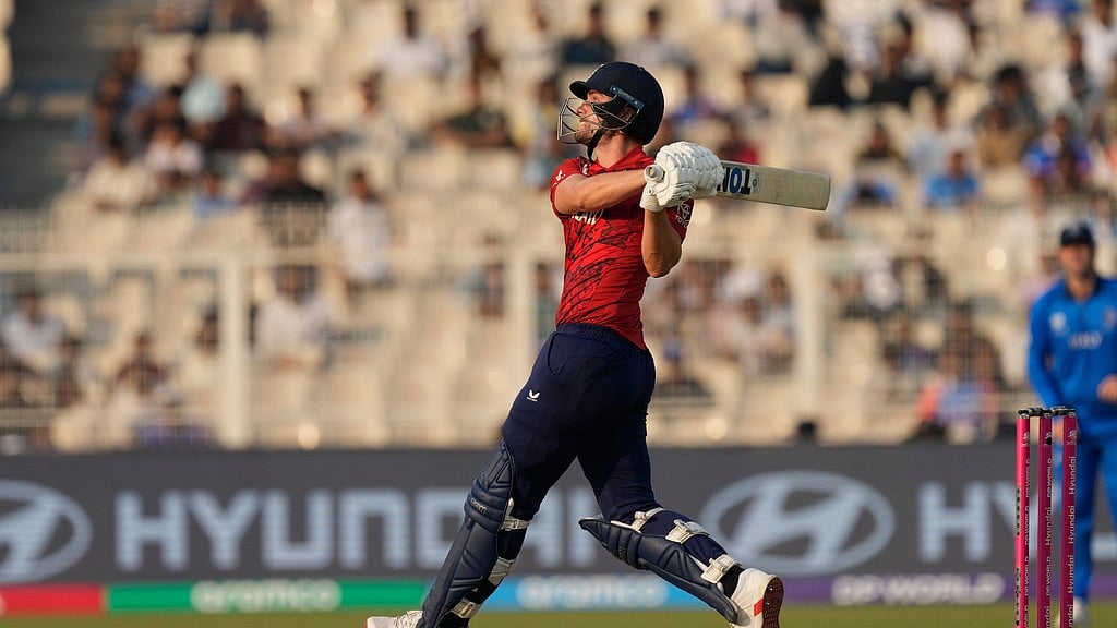 England's Will Jacks hits a six during the T20 World Cup cricket match between England and Italy in Kolkata, India, Monday, Feb. 16, 2026. - AP Photo/Bikas Das