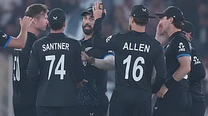 | Photo: AP/Ajit Solanki : New Zealand's players celebrates the wicket of South Africa's Ryan Rickelton during the T20 World Cup cricket match between South Africa and New Zealand in Ahmedabad , India, Saturday, Feb.14, 2026.