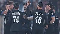 New Zealand Vs Canada Preview, ICC T20 World Cup 2026: Black Caps Seek Super Eight Berth Against Bottom-Placed CAN | Photo: AP/Ajit Solanki : New Zealand's players celebrates the wicket of South Africa's Ryan Rickelton during the T20 World Cup cricket match between South Africa and New Zealand in Ahmedabad , India, Saturday, Feb.14, 2026.