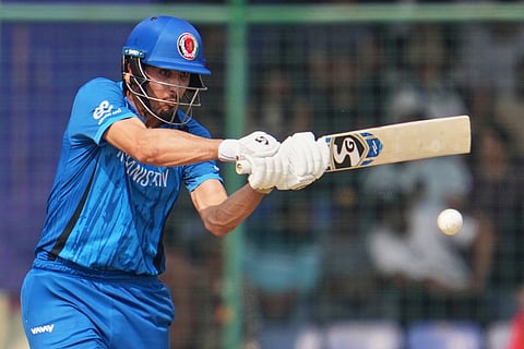 Afghanistan's Sediqullah Atal plays a shot during the T20 World Cup cricket match between Afghanistan and United Arab Emirates in New Delhi.