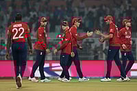 England Vs Italy, ICC T20 World Cup: Will Jacks And Sam Curran Power ENG Into Super 8 At Eden Gardens | Photo: AP/Bikas Das : England's captain Harry Brook, centre, celebrates with teammates after winning the T20 World Cup cricket match against Italy in Kolkata, India.