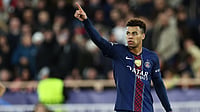 Desire Doue celebrates after scoring his second goal against Monaco