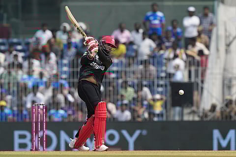 Canada's Yuvraj Samra plays a shot during the ICC T20 World Cup cricket Group D match between Canada and New Zealand in Chennai.