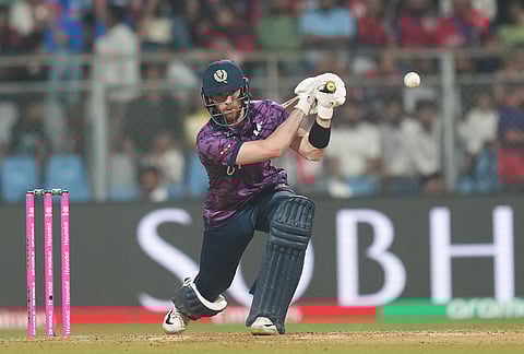 Scotland's Michael Jones plays a shot during the T20 World Cup cricket match between Nepal and Scotland in Mumbai.