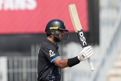 New Zealand's Rachin Ravindra celebrates his fifty runs during the T20 World Cup cricket match between Canada and New Zealand in Chennai.