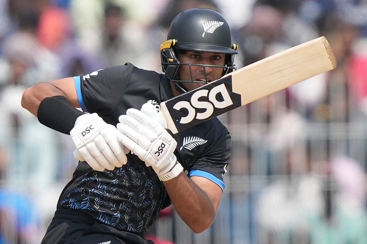 New Zealand's Rachin Ravindra plays a shot during the T20 World Cup cricket match between Canada and New Zealand in Chennai.