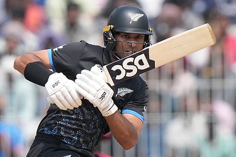 New Zealand's Rachin Ravindra plays a shot during the T20 World Cup cricket match between Canada and New Zealand in Chennai.