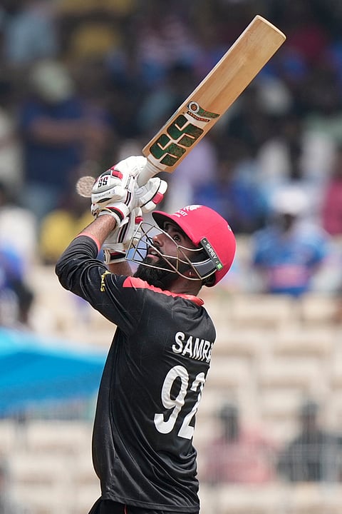 Canada's Yuvraj Samra plays a shot during the T20 World Cup cricket match between Canada and New Zealand in Chennai.