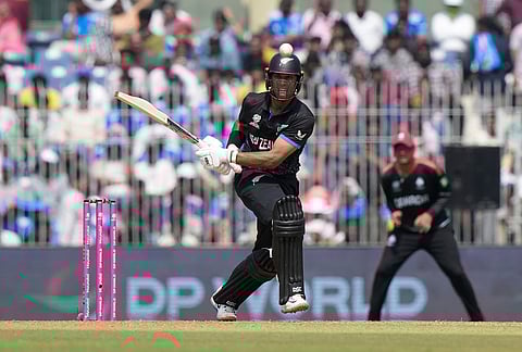 New Zealand's Rachin Ravindra plays a shot during the T20 World Cup cricket match between Canada and New Zealand in Chennai.