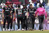 New Zealand Vs Canada, ICC T20 World Cup: Samra's Century In Vain As Ravindra, Phillips Power Kiwis To Super 8 | Photo: AP/Mahesh Kumar A. : Canada's captain Dilpreet Bajwa, center, shake hands with New Zealand's Rachin Ravindra after New Zealand won the T20 World Cup cricket in Chennai.