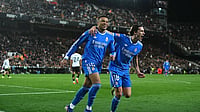 Benfica Vs Real Madrid LIVE Score, UEFA Champions League 2025-26: Mbappe Starts For Los Blancos | Photo: AP/Francisco Macia : Real Madrid's Kylian Mbappe, left, celebrates with Alvaro Carreras after scoring his side's second goal during the Spanish La Liga soccer match between Valencia and Real Madrid in Valencia, Spain.