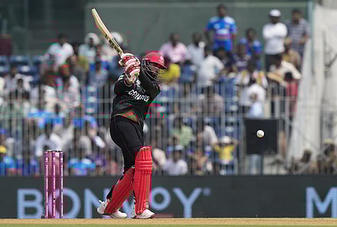 Canada's Yuvraj Samra plays a shot during the T20 World Cup cricket match between Canada and New Zealand in Chennai.
