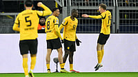 Borussia Dortmund celebrate their second goal against Atalanta