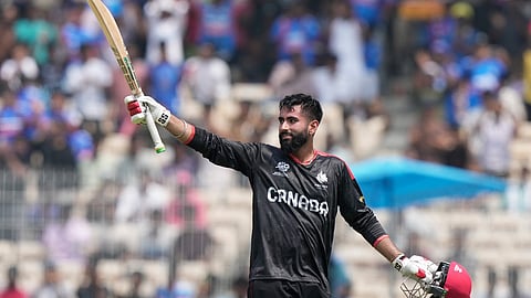 Canada's Yuvraj Samra celebrates his century during the ICC T20 World Cup cricket match between Canada and New Zealand in Chennai.