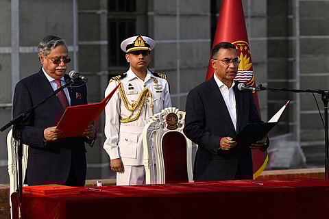 Tarique Rahman, Chairperson of the Bangladesh Nationalist Party, takes oath as Prime Minister of Bangladesh from President Mohammed Shahabuddin, left, at the National Parliament in Dhaka, Bangladesh.