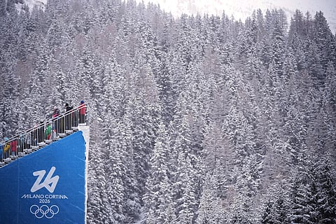 Spectators watch the men's 4x7.5-kilometer relay biathlon race at the 2026 Winter Olympics in Anterselva, Italy.