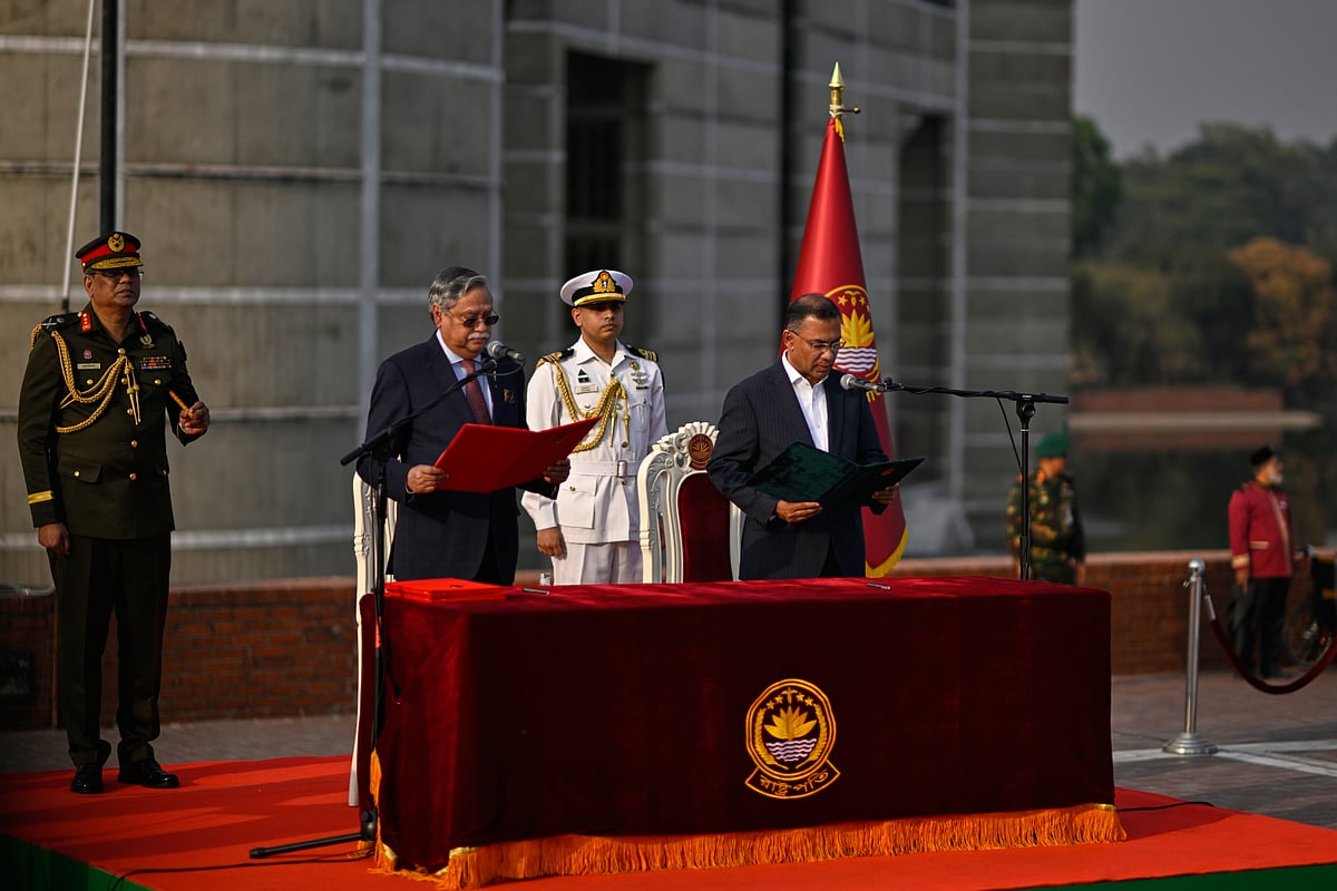  Tarique Rahman, Chairperson of the Bangladesh Nationalist Party, takes oath as Prime Minister of Bangladesh from President Mohammed Shahabuddin during a ceremony at the National Parliament in Dhaka, Bangladesh - MAHMUD HOSSAIN OPU