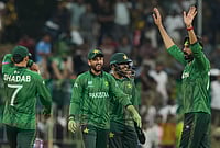 Pakistan Vs Namibia, T20 World Cup: Men In Green Join India In Super Eights With 102-Run Win | Photo: AP/Eranga Jayawardena : Pakistan's captain Salman Ali Agha, centre, celebrates with teammates after winning T20 World Cup cricket match against Namibia in Colombo, Sri Lanka.