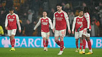 Wolves 2-2 Arsenal Highlights, English Premier League: Gunners Drop Points On Road As Calafiori Scores Late Own Goal | Photo: AP/Dave Shopland : Arsenal team react during the Premier League soccer match between Wolverhampton Wanderers and Arsenal in Wolverhampton, England, Wednesday, Feb. 18, 2026