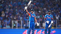 Photo: AP : India's Shivam Dube, left, celebrates his fifty runs as batting partner Hardik Pandya applauds during the T20 World Cup cricket match between India and Netherlands in Ahmedabad.