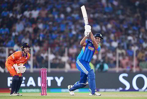 India's Shivam Dube plays a shot during the T20 World Cup cricket match between India and Netherlands in Ahmedabad.