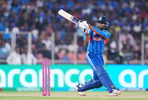 India's Tilak Varma plays a shot during the T20 World Cup cricket match between India and Netherlands in Ahmedabad.