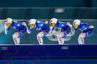 | Photo: AP/Ben Curtis : Team USA practices ahead of the semifinal of the women's team pursuit speedskating race at the 2026 Winter Olympics, in Milan, Italy.