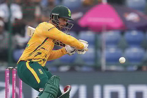 South Africa's Quinton de Kock plays a shot during the T20 World Cup cricket match between South Africa and United Arab Emirates in New Delhi, India.