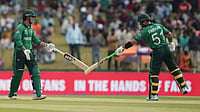 Pakistan Vs Namibia Live Score, ICC T20 World Cup 2026: Captain Agha Joins Farhan In Must-Win Match | PAK 52/1 (7) Photo: AP : Pakistan's Sahibzada Farhan, right, and Saim Ayub, left, bat during the T20 World Cup match between Namibia and Pakistan in Colombo.