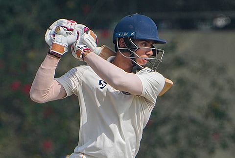 Jammu and Kashmir's Vanshaj Sharma plays a shot during the fourth day of the Ranji Trophy semifinal cricket match between Jammu and Kashmir and Bengal, at the Bengal Cricket Academy Ground, in Kalyani, West Bengal.