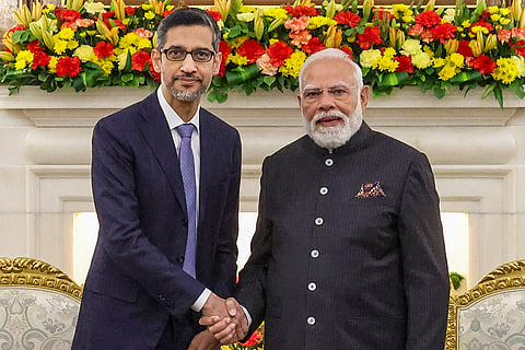 In this image received on Feb. 18, 2026, Prime Minister Narendra Modi with CEO of Google Sundar Pichai during a meeting, in New Delhi.