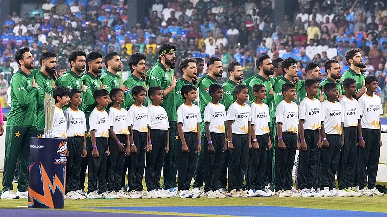 Pakistan's players stand up for the national anthems before the start of the ICC T20 World Cup 2026 cricket match between India and Pakistan in Colombo. - Ap Photo