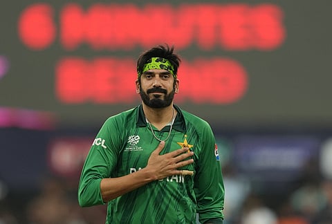 Pakistan's Usman Tariq acknowledges the crowd after taking wickets during the T20 World Cup cricket match between Namibia and Pakistan in Colombo, Sri Lanka.