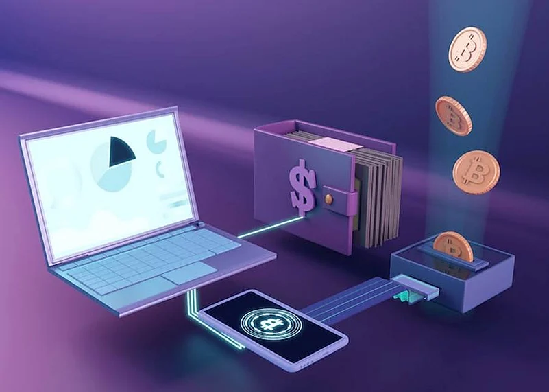 3D illustration of digital wallet, laptop, and Bitcoin coins in a crypto transaction flow